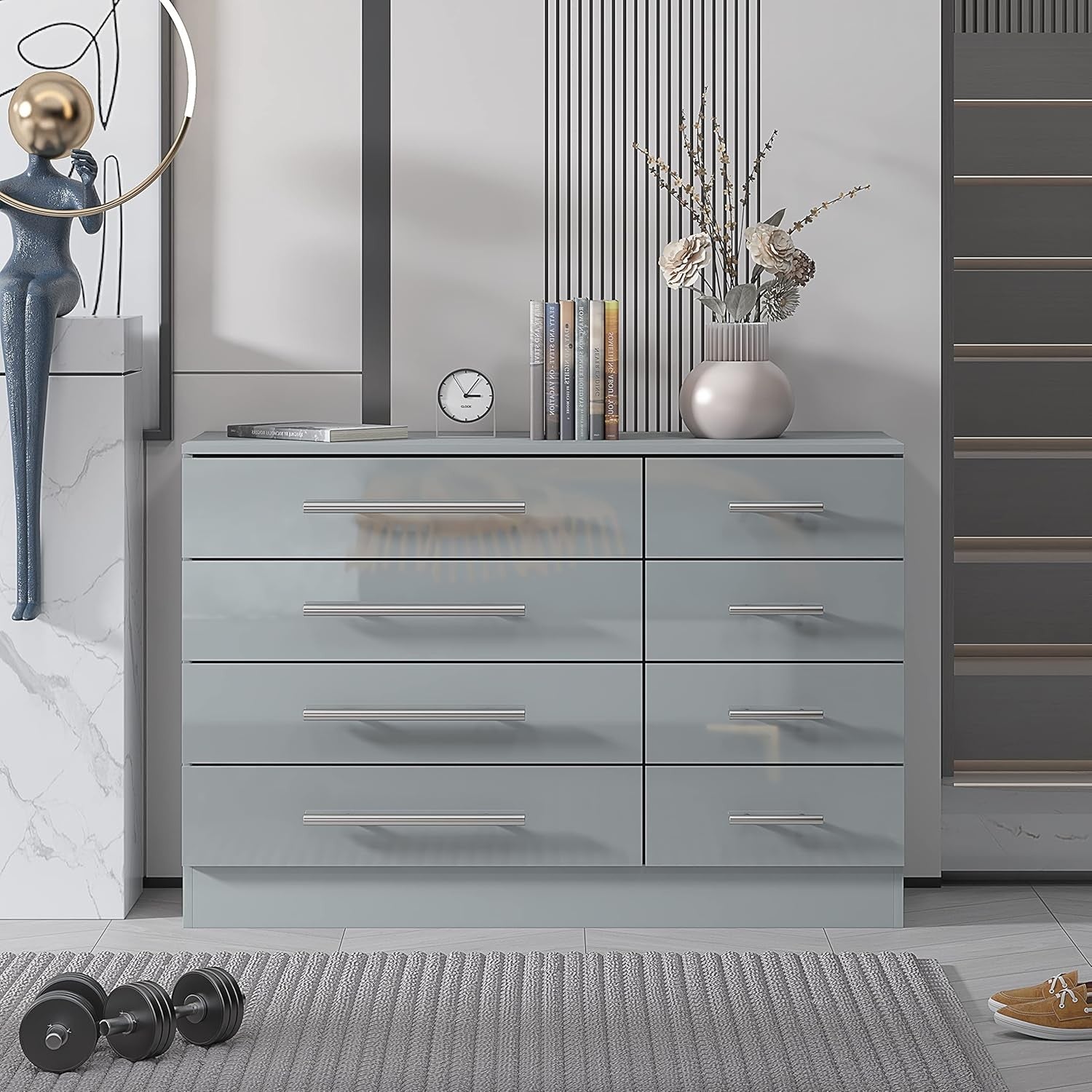 8 Drawer Grey High Gloss Chest of Drawers Modern Bedroom Storage Cabinet