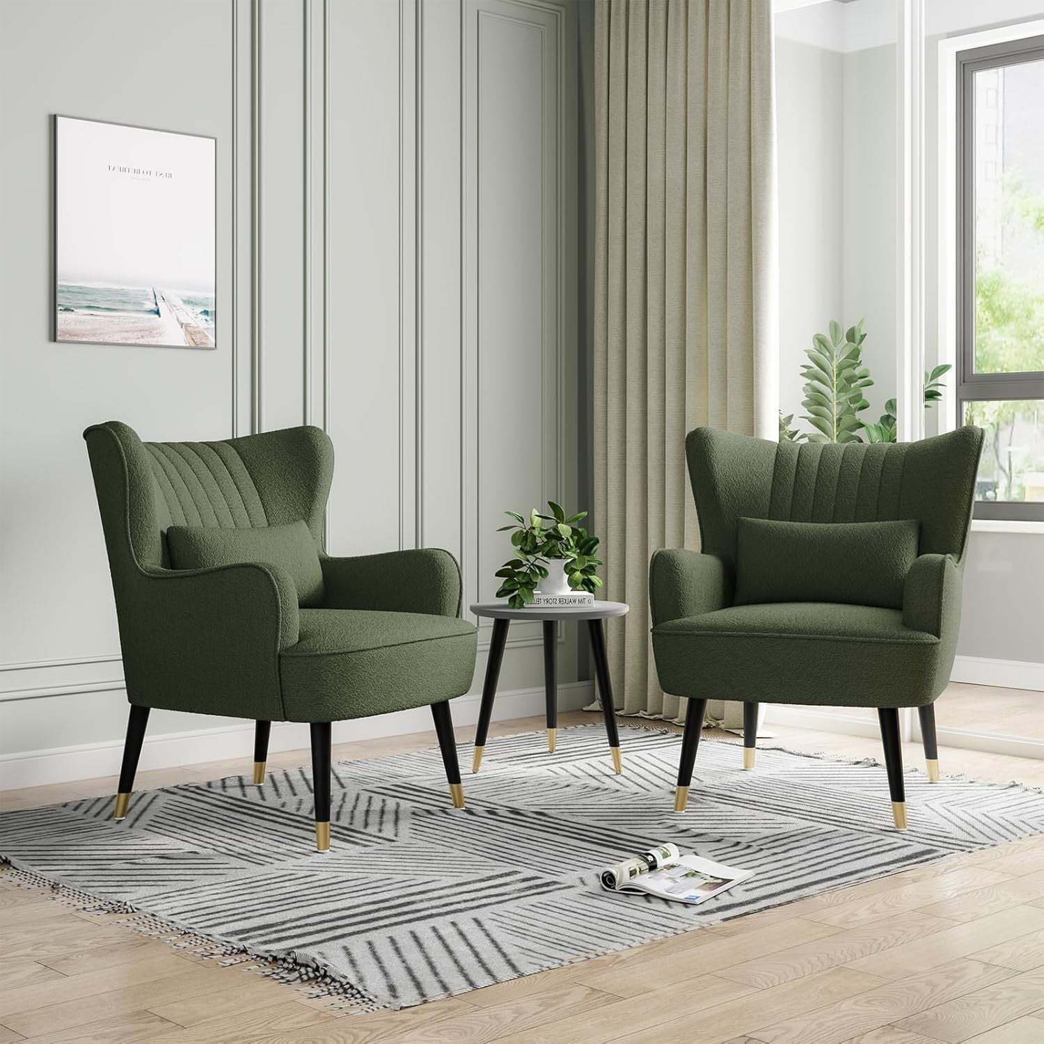 Modern Wingback Armchair Lounge Chair Teddy Fleece Accent Seat Green