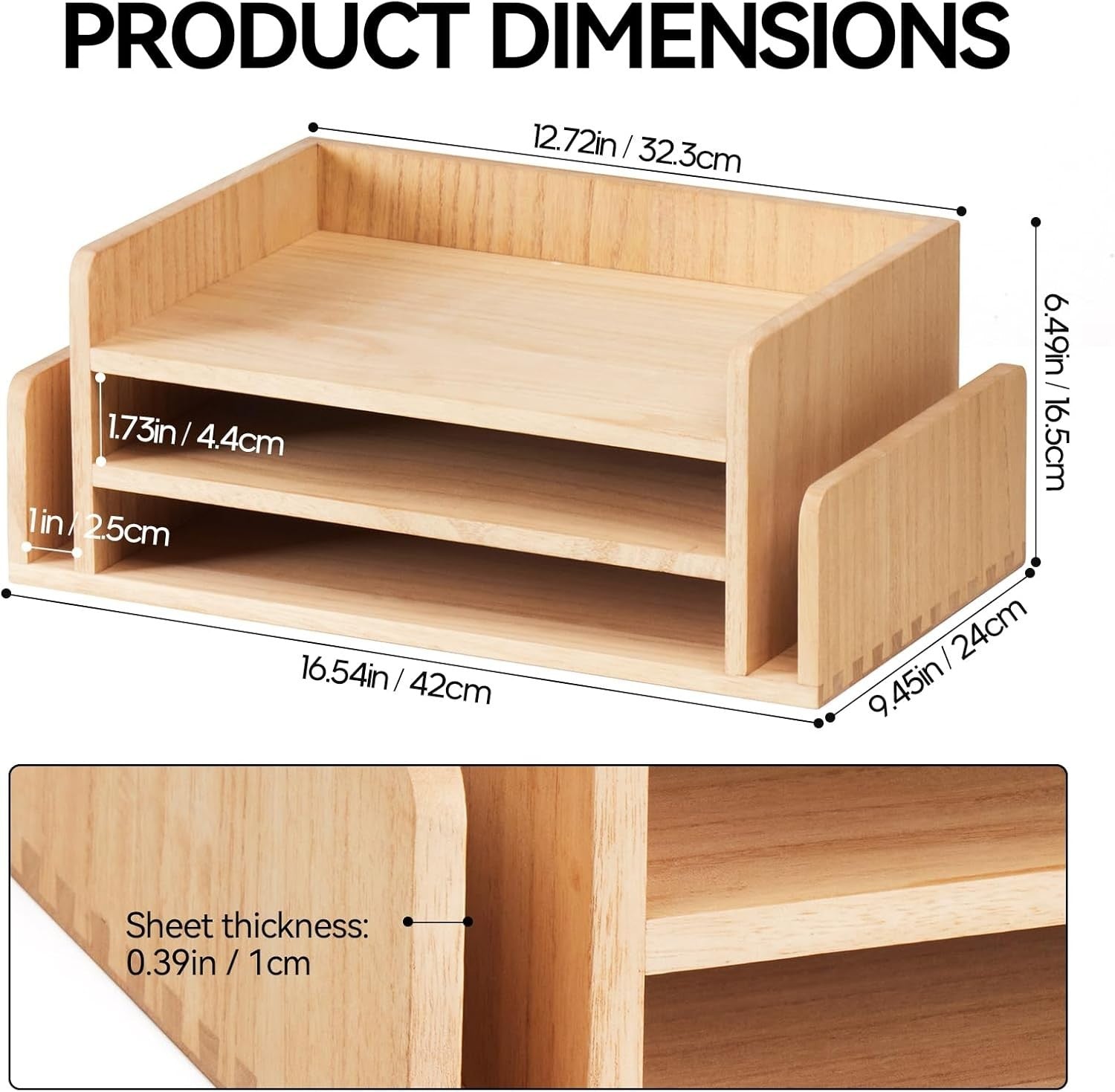 3-Tier Wooden Desk Organizer Tray for Mail, Files, Papers & Stationery