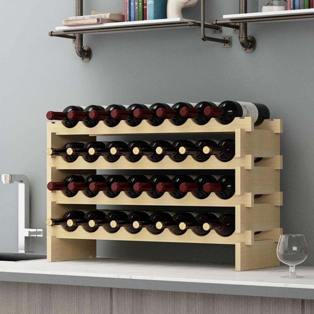 4-Tier Wooden Wine Rack 32 Bottle Storage | Natural Solid Wood Countertop
