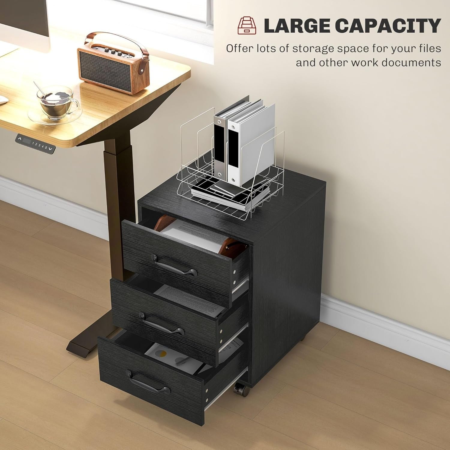Black Wood Grain Rolling Drawer Cabinet 3 Tier Under Desk File Storage
