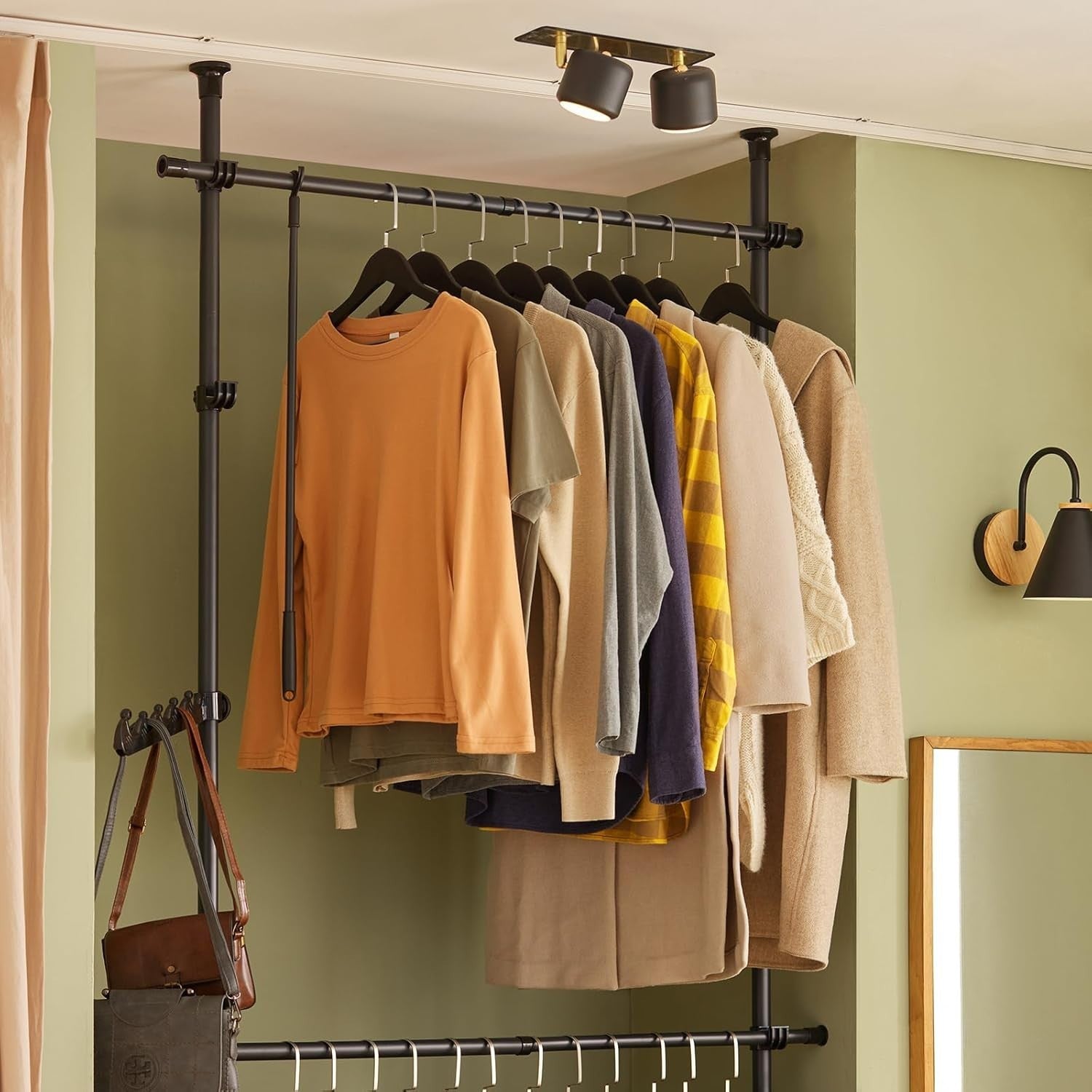 Telescopic Clothes Rail Adjustable Heavy Duty Open Wardrobe Black