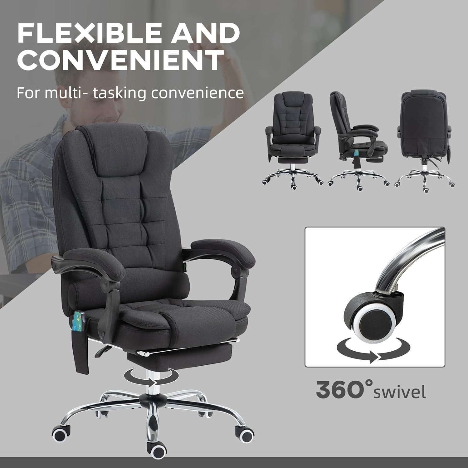 Reclining Massage Office Chair Heated Footrest High Back Linen Black Swivel Desk