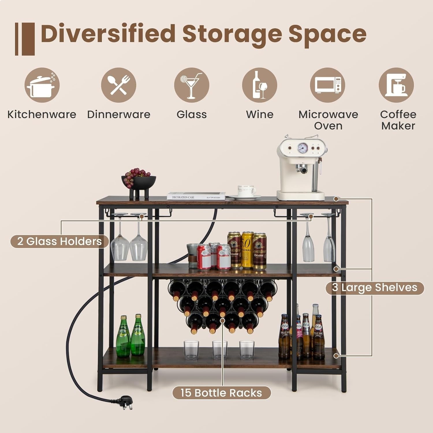 Wine Bar Cabinet with Tabletop, 15 Bottle Rack, Shelves, USB & AC Charging Ports