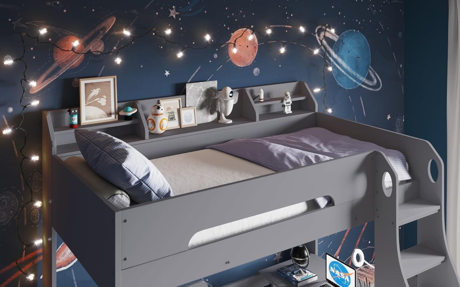 Triple Bunk Bed L Shape Grey Kids Storage Bed Frame Space-Saving Design