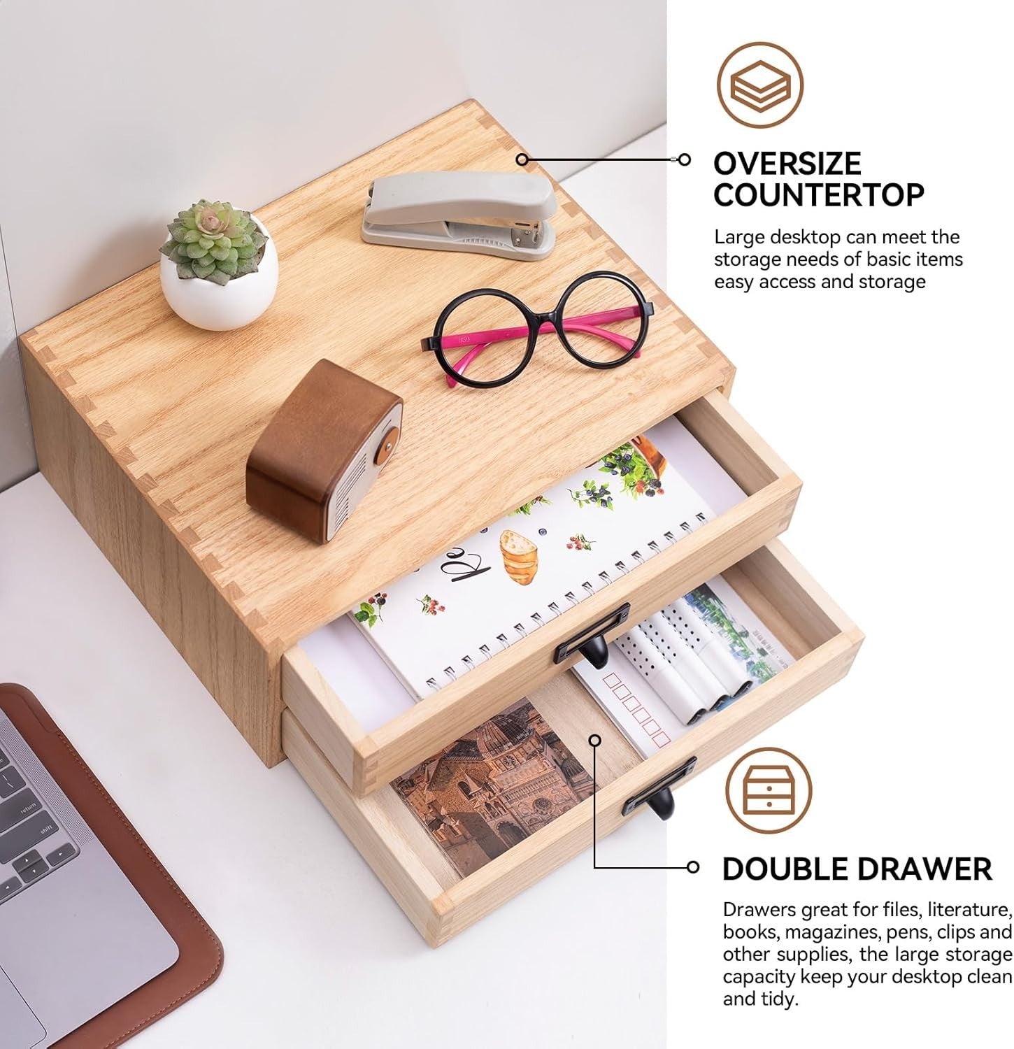 Natural Wood Desktop File Organizer 4 Drawer 35cm Printer Stand