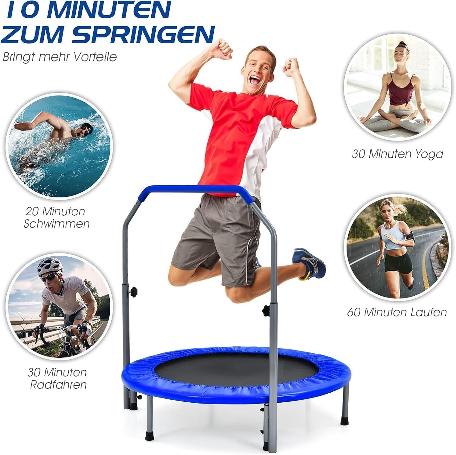 101cm Fitness Rebounder Trampoline Adjustable Handle Foldable 150kg