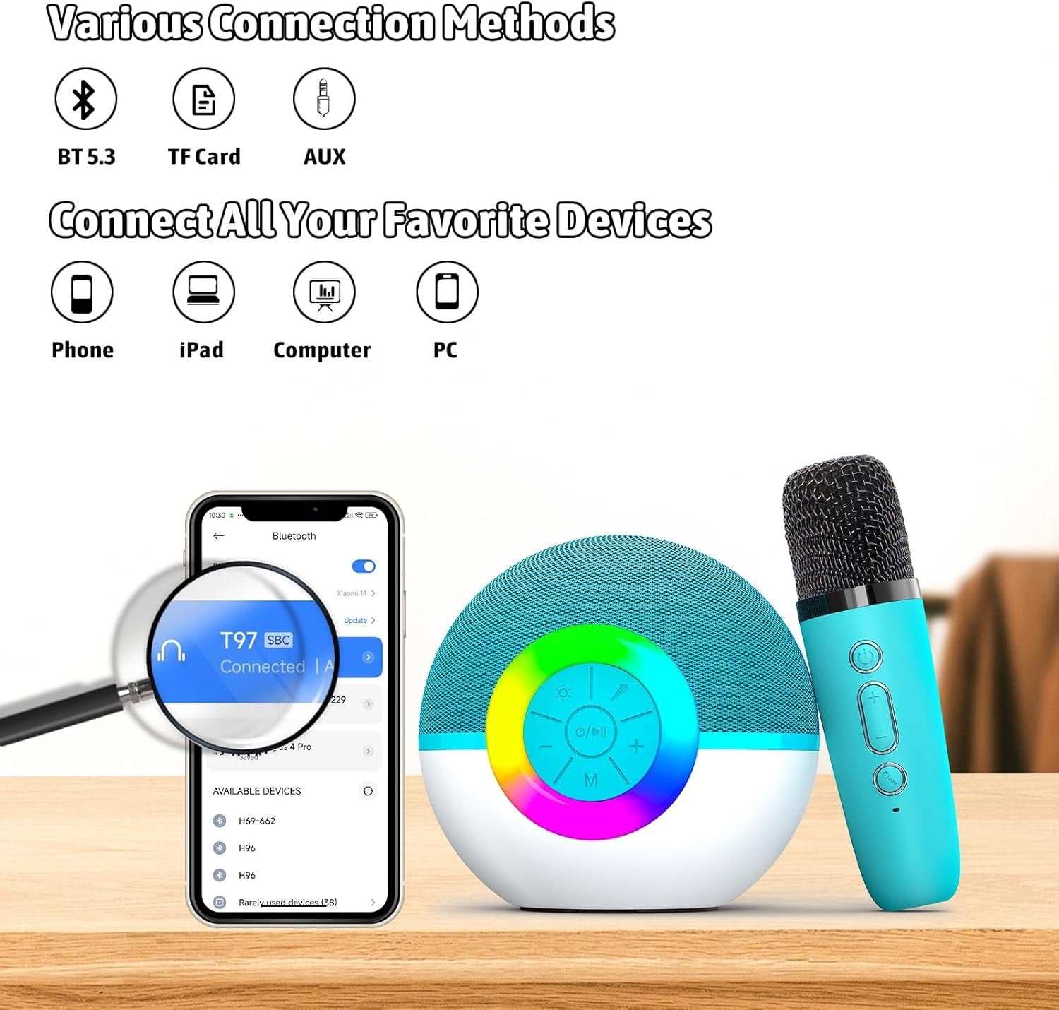 Green Mini Karaoke Machine 1 Wireless Mic LED Voice Changer