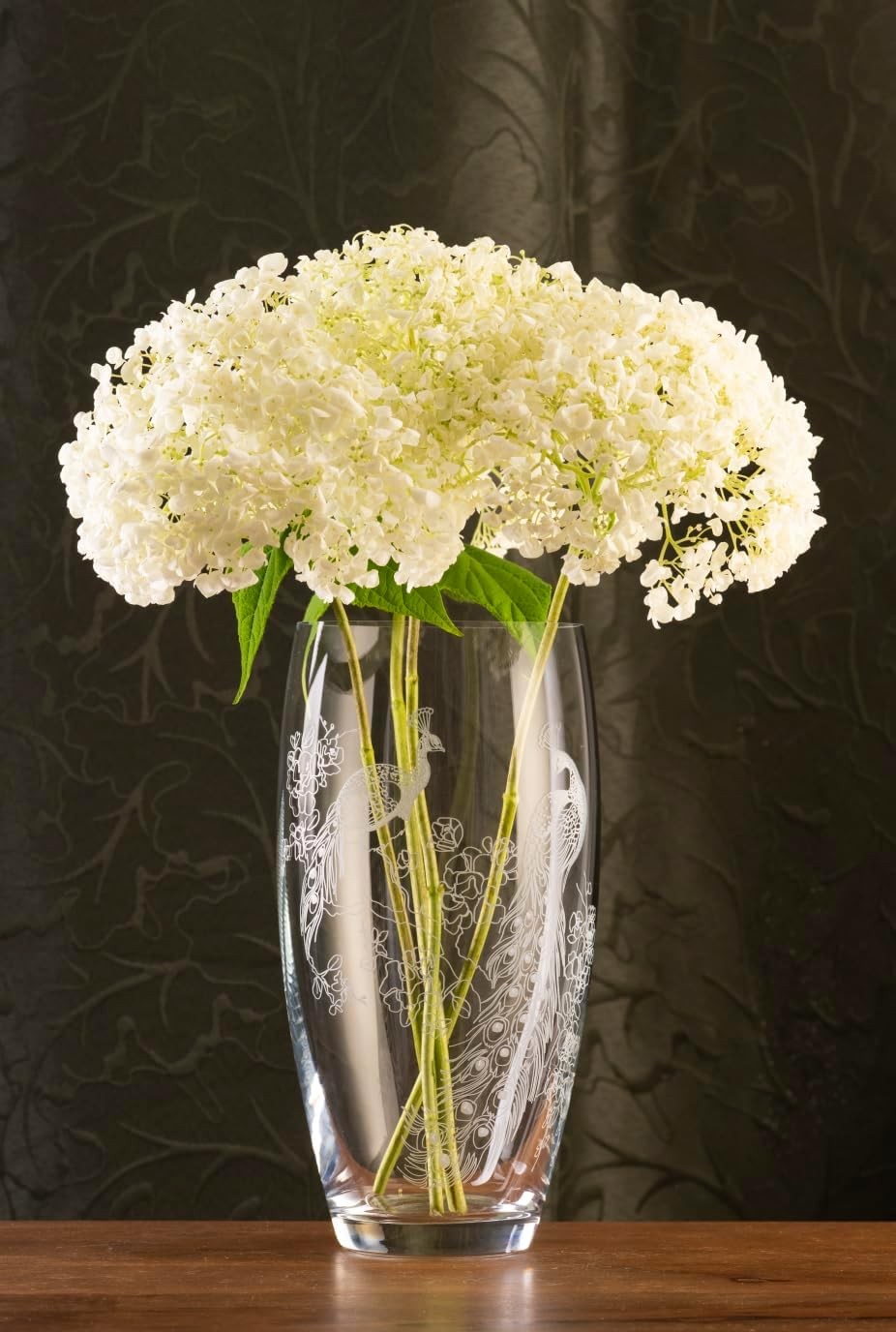 Crystal Glass Flower Vase 26cm Tall Etched Peacock Barrel Home Décor