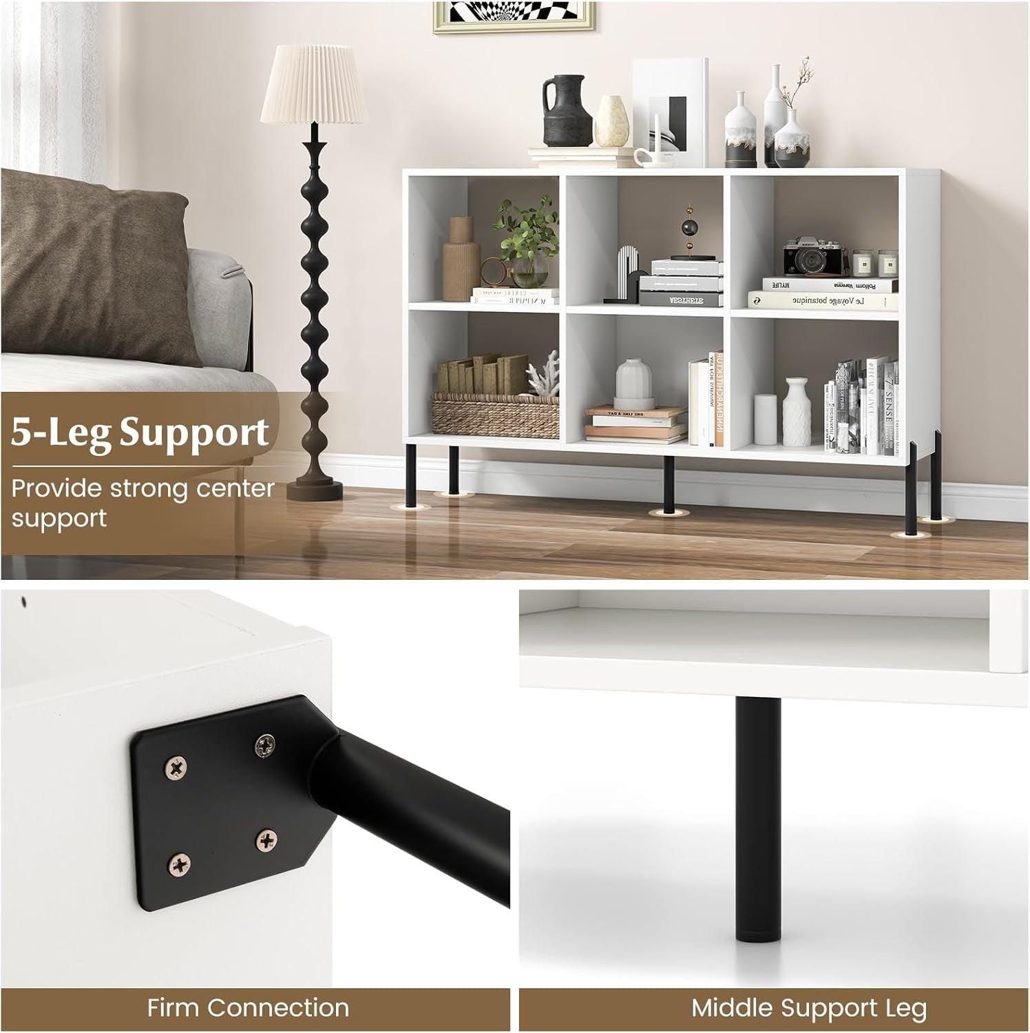 White 6-Cube Adjustable Storage Bookcase with Metal Legs 120x35x78cm
