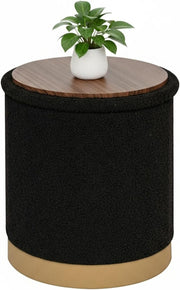 Black Boucle Round Storage Ottoman Folding Footrest with Flip-Top Tray