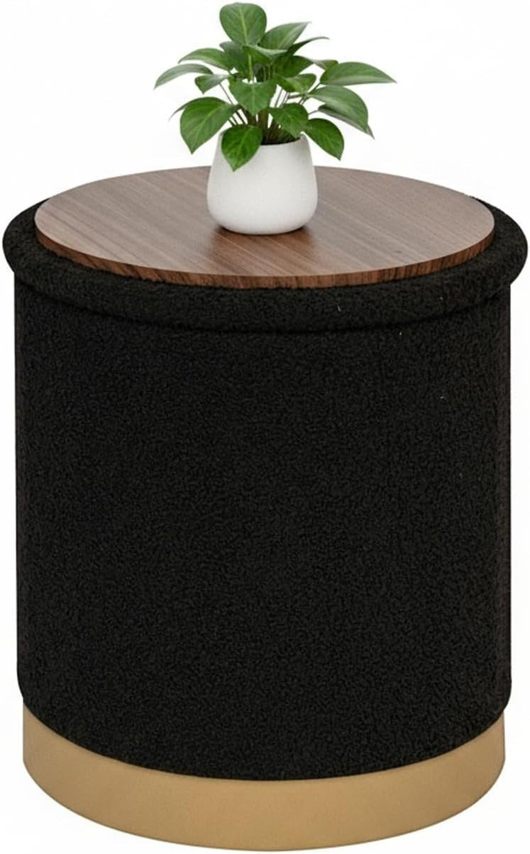 Black Boucle Round Storage Ottoman Folding Footrest with Flip-Top Tray