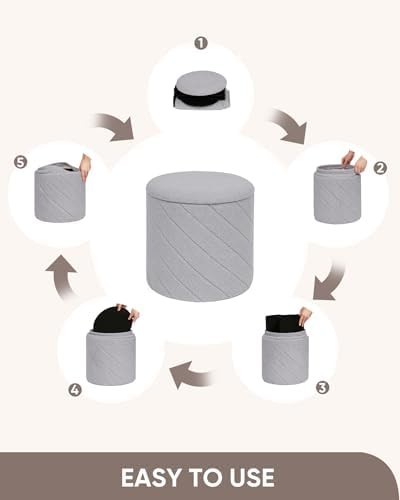 Grey Round Storage Ottoman Footstool 3-in-1 Seat with Lid 33x33x35cm