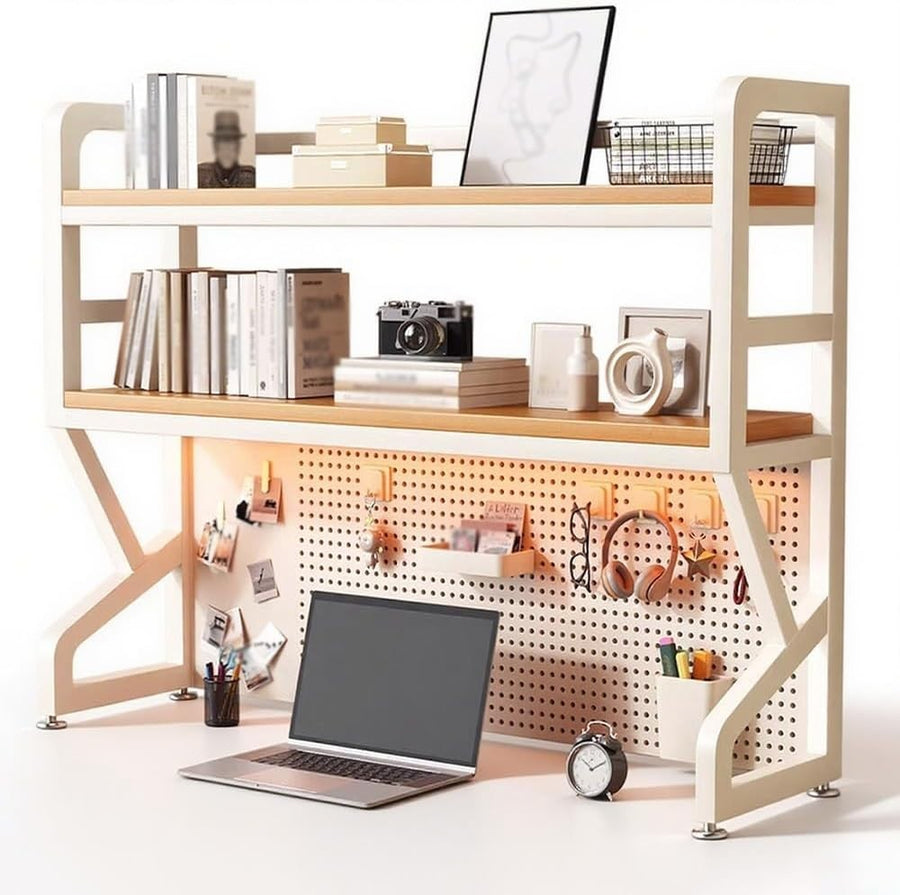 2 Tier Desk Hutch Metal Bookshelf 19.7" Desktop Organizer Rack w/ Pegboard White