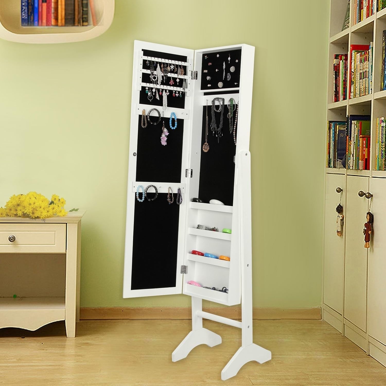 Standing Jewelry Cabinet with Mirror Compact Organizer Storage White