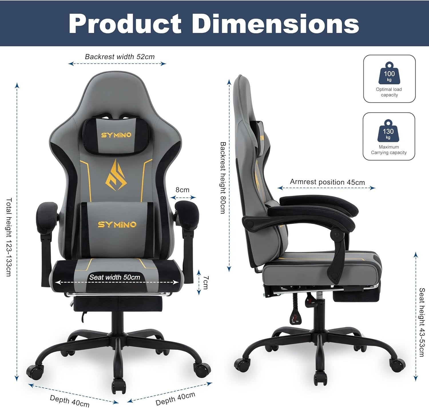 Ergonomic Gaming Chair Recliner Footrest Lumbar PU Leather Grey