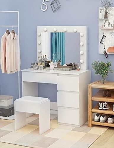 Hollywood Vanity Dressing Table with LED Bulb Mirror & Stool, 5 Drawers
