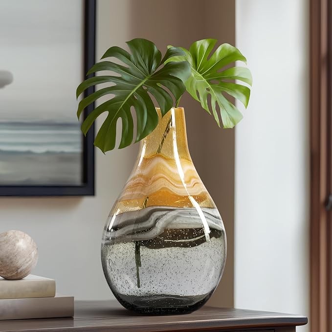 Amber Hand Blown Glass Vase 36cm Modern Coastal Table Centerpiece Decor