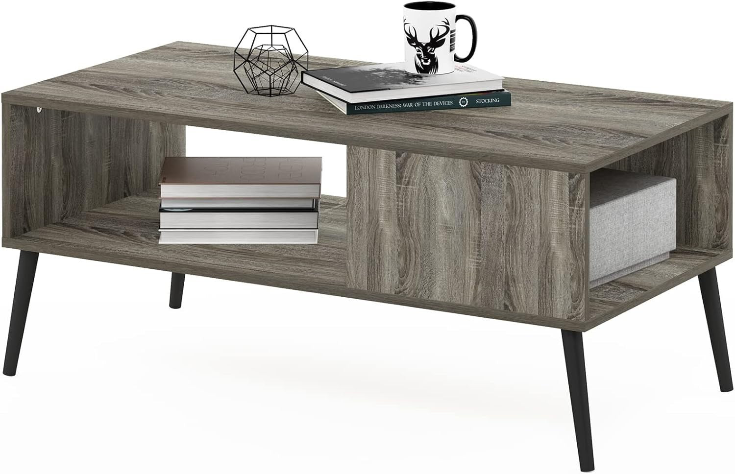 Mid Century Coffee Table with Wood Legs & 3 Open Shelves – 100x50cm Storage