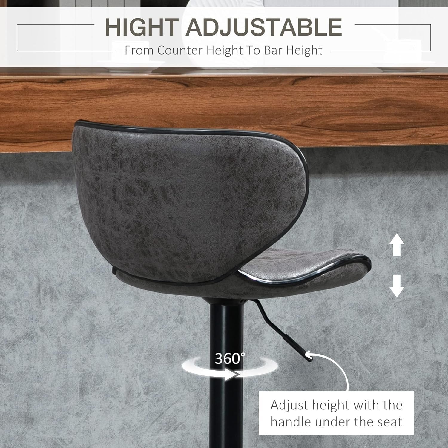 Adjustable Swivel Bar Stools Set of 2 | Dark Grey Faux Leather Breakfast Chairs
