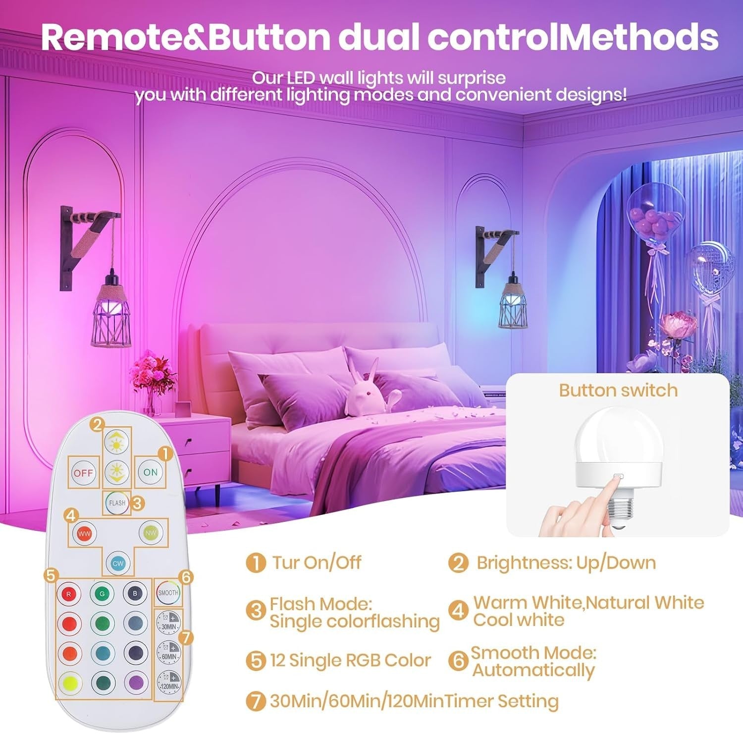 RGB Wall Lights Set of 2 Wireless Farmhouse Sconces w/ Remote + Rechargeable