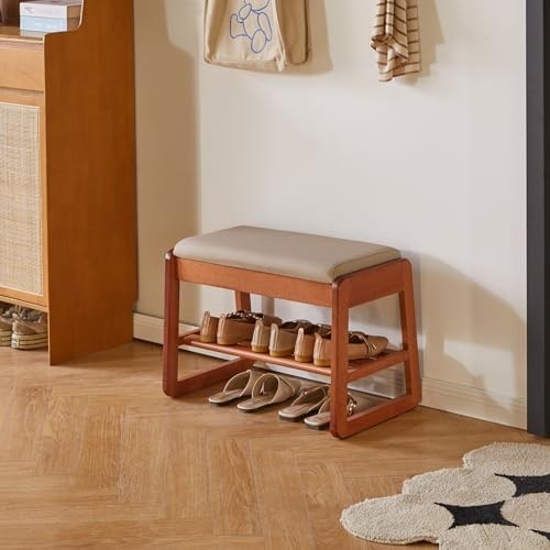 2-Tier Flip-Top Shoe Storage Bench with Padded Seat – Cherry Wood