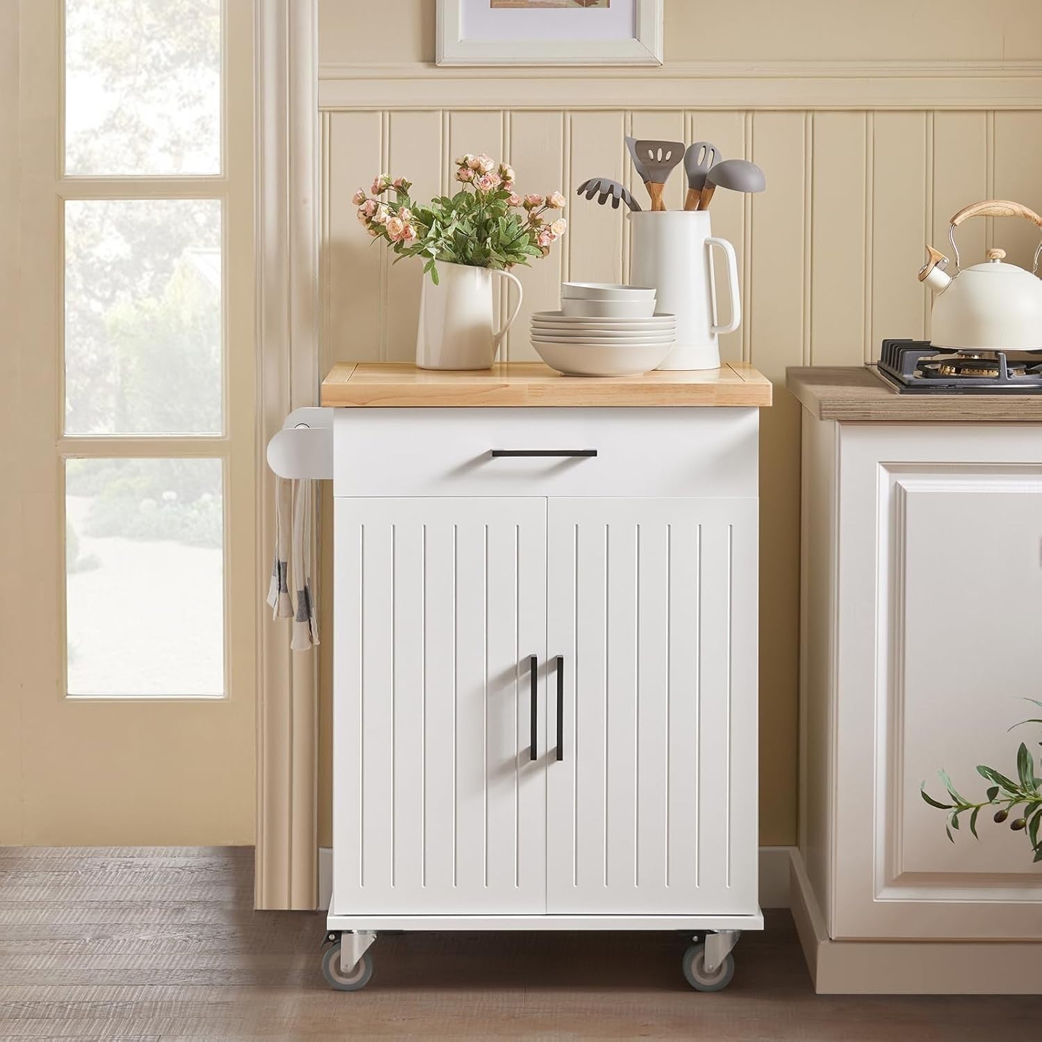 Rolling Kitchen Trolley Cart with Rubberwood Worktop, Drawer & Cabinet Storage