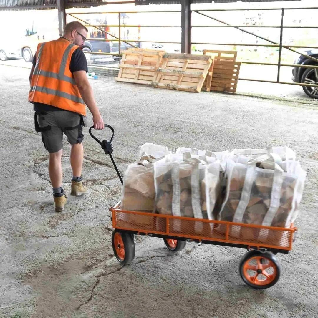 Heavy Duty Garden Trolley Flatbed Cart with PU All-Terrain Wheels & Fold Sides