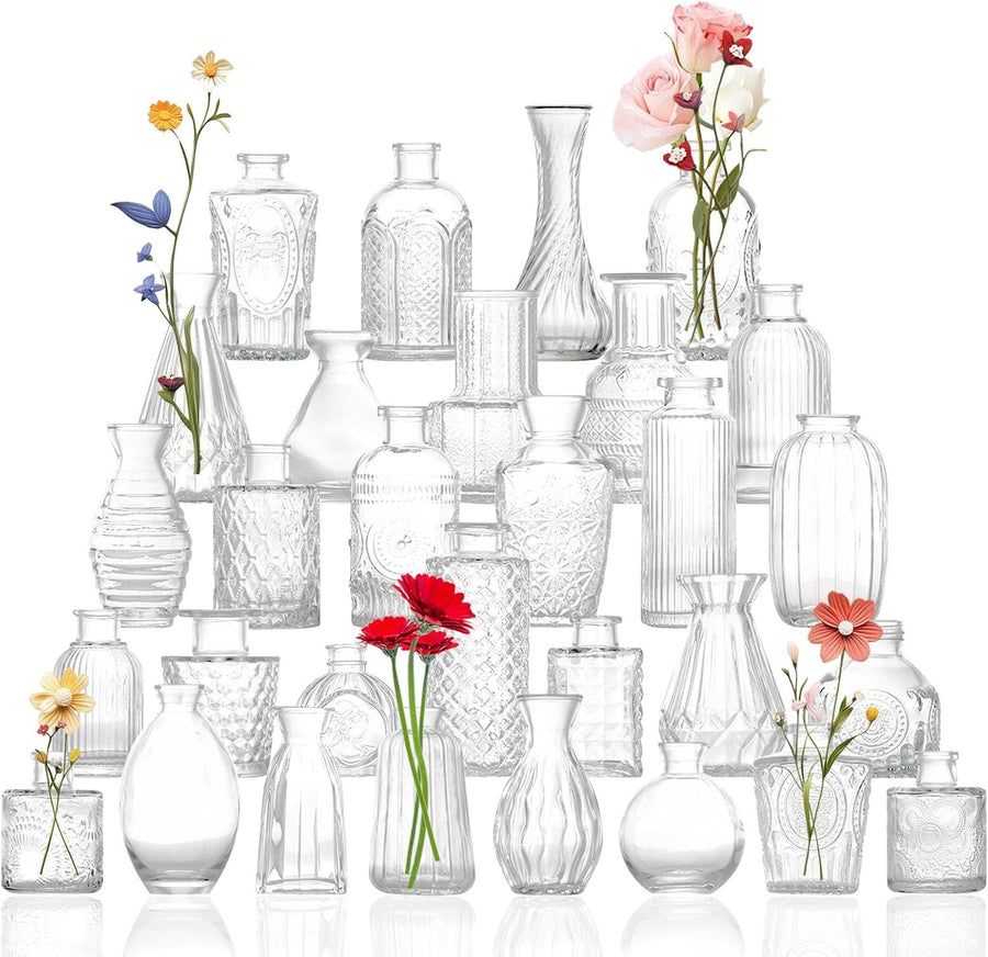 30 Glass Bud Vase Set Mini Clear Vases Wedding Table Decor Bulk Pack