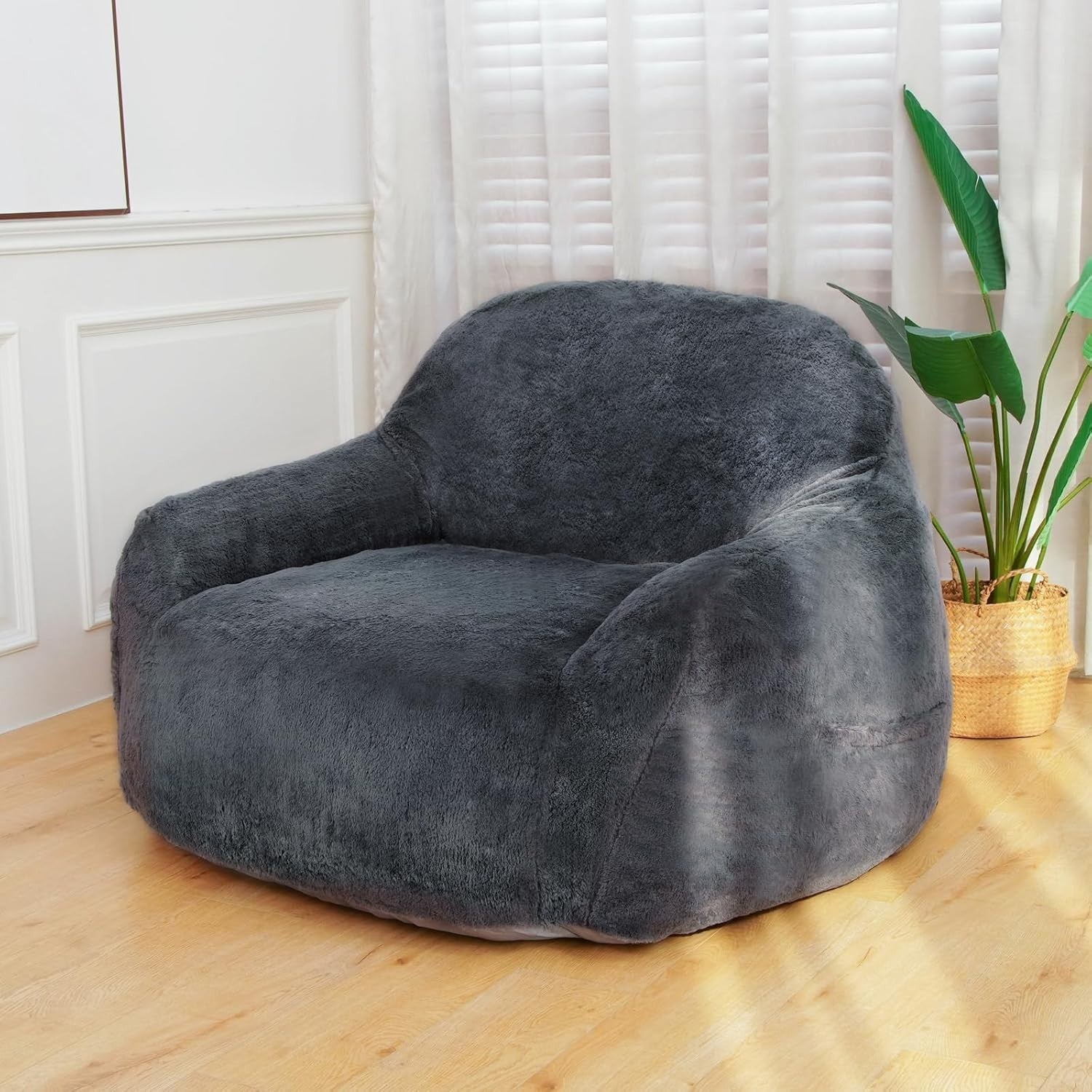 Oversized Grey Bean Bag Chair with Armrests, Removable Cover & Filler