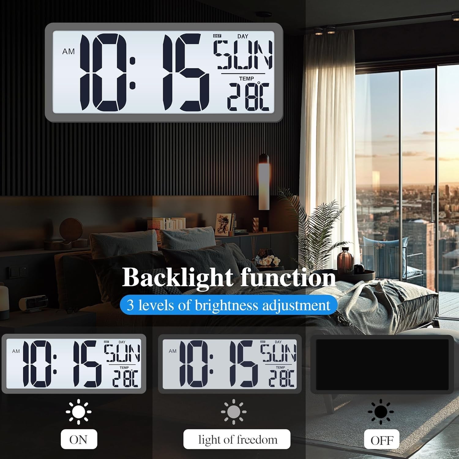 Large Digital Wall Clock 15'' LED Display Alarm Date Temp Backlight