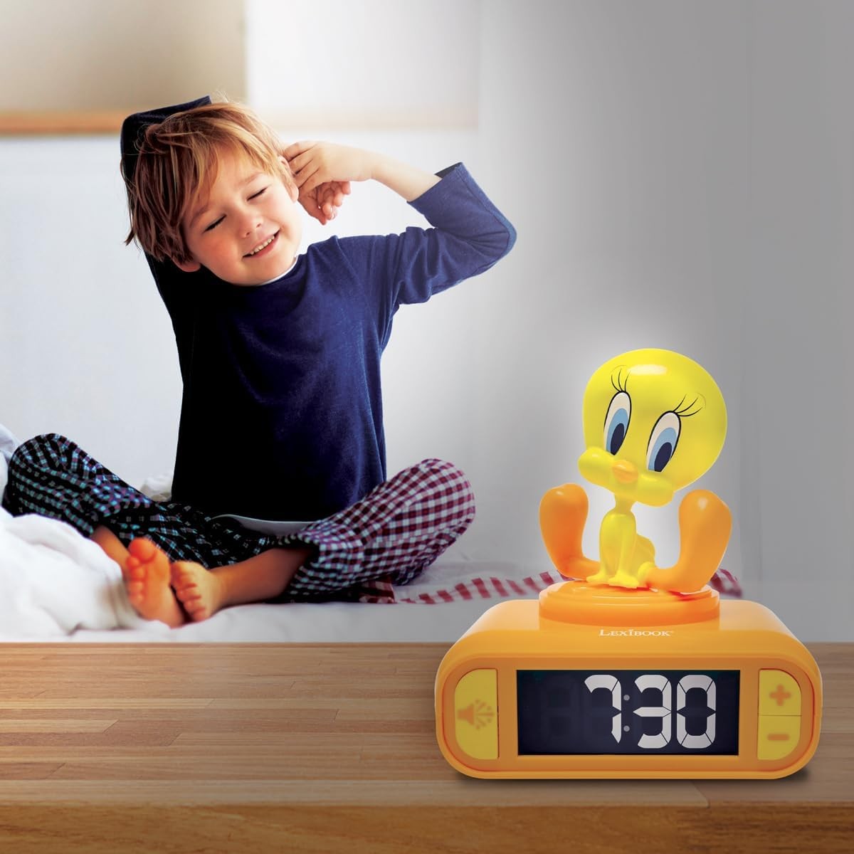 Kids Yellow Night Light Alarm Clock LCD Snooze Sounds Bedside Clock