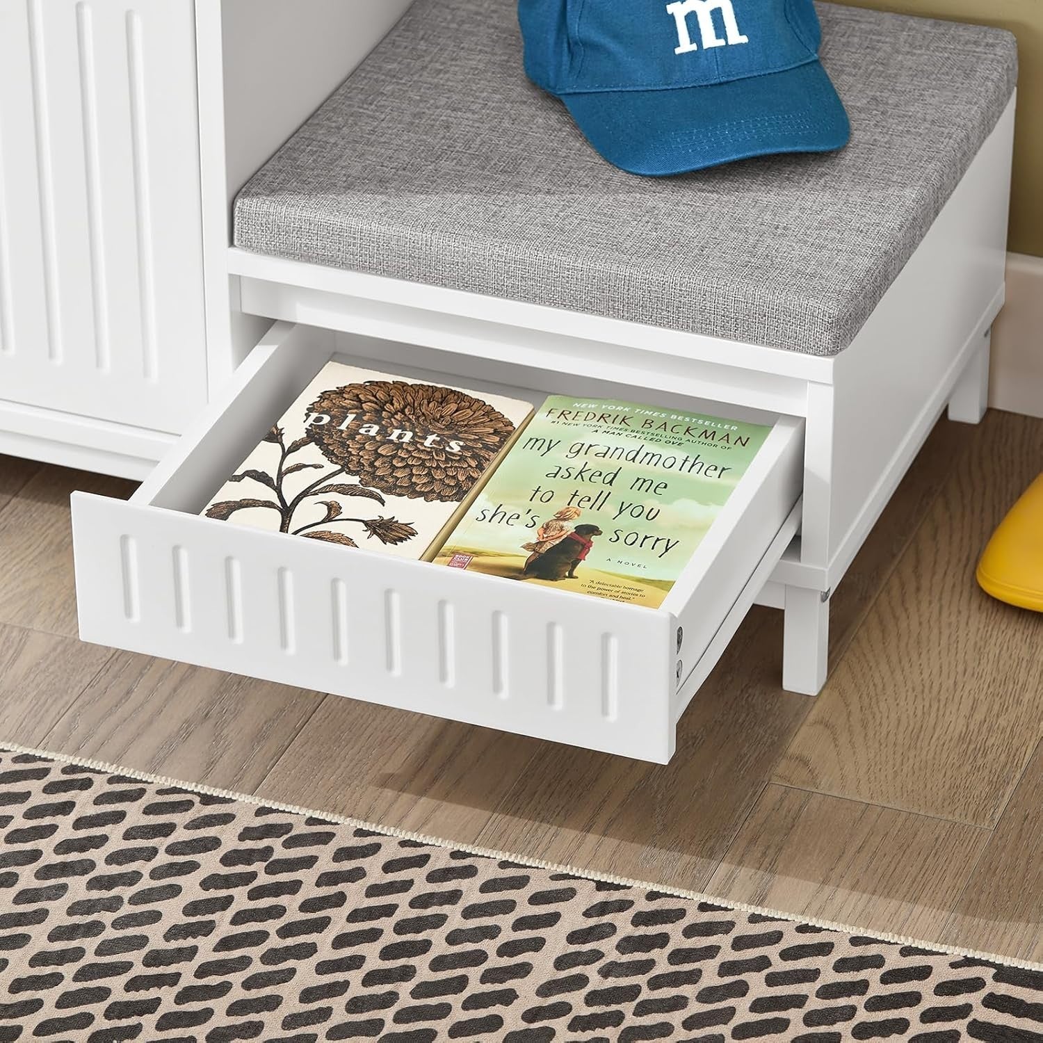 Shoe Storage Bench with Seat – Cushioned 2-Door Hallway Cabinet & Drawer