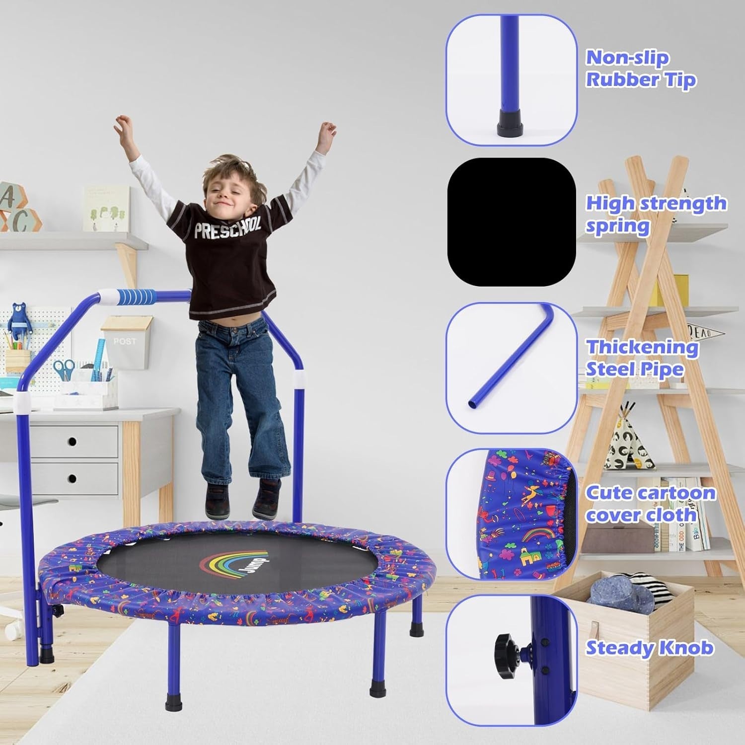 36'' Kids Mini Trampoline Foldable Quiet Rebounder Safety Handle Blue