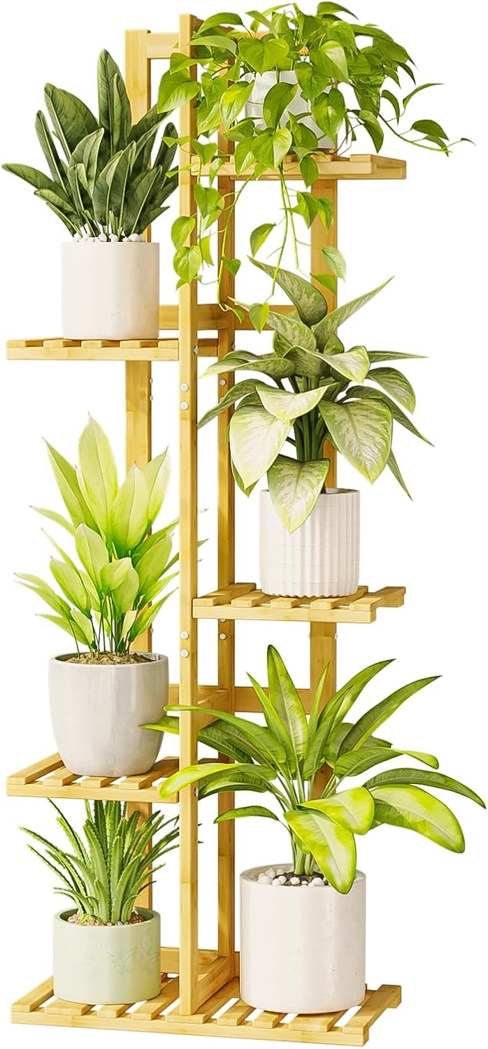 5 Tier Bamboo Plant Stand | Tall Corner Flower Shelf Indoor Outdoor Display Rack