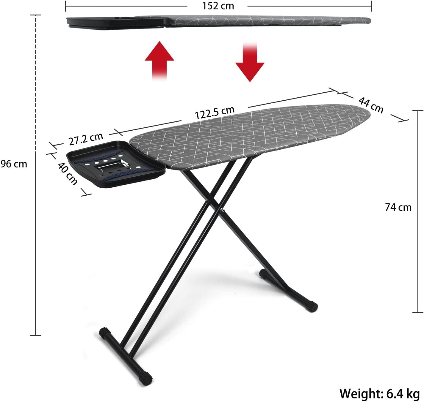 Extra Large Ironing Board 122x43cm Adjustable Height Steam Rest Grey