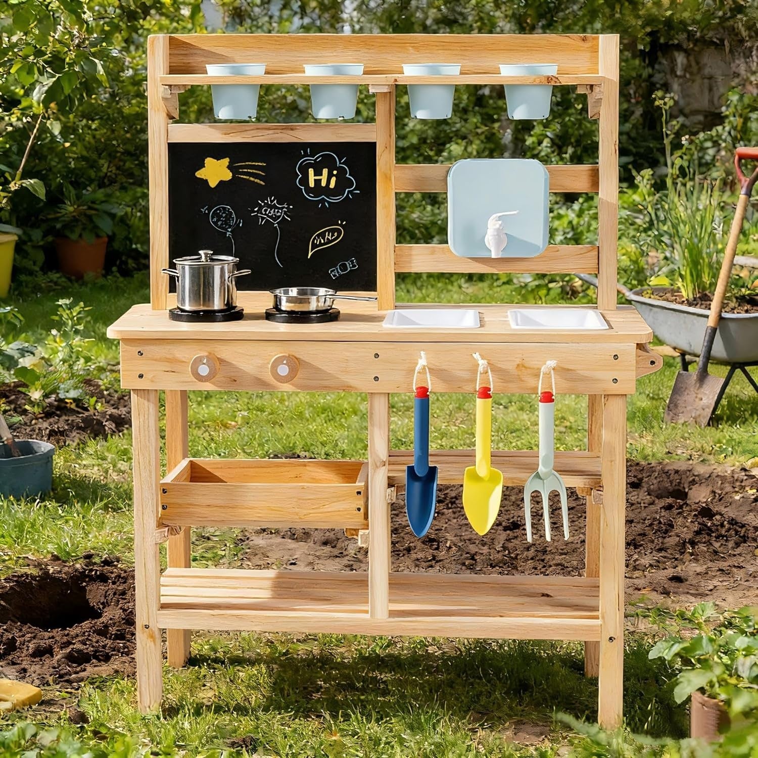 Outdoor Wooden Mud Kitchen Kids Playset Faucet Blackboard Garden Toy