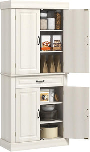 Tall White Kitchen Storage Cabinet with 4 Doors & Drawer, Freestanding Cupboard