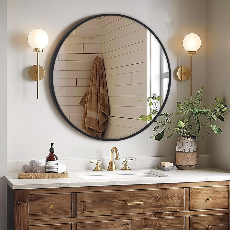 Round Black Wall Mirror 60cm Vanity Mirror Modern Bathroom Decor