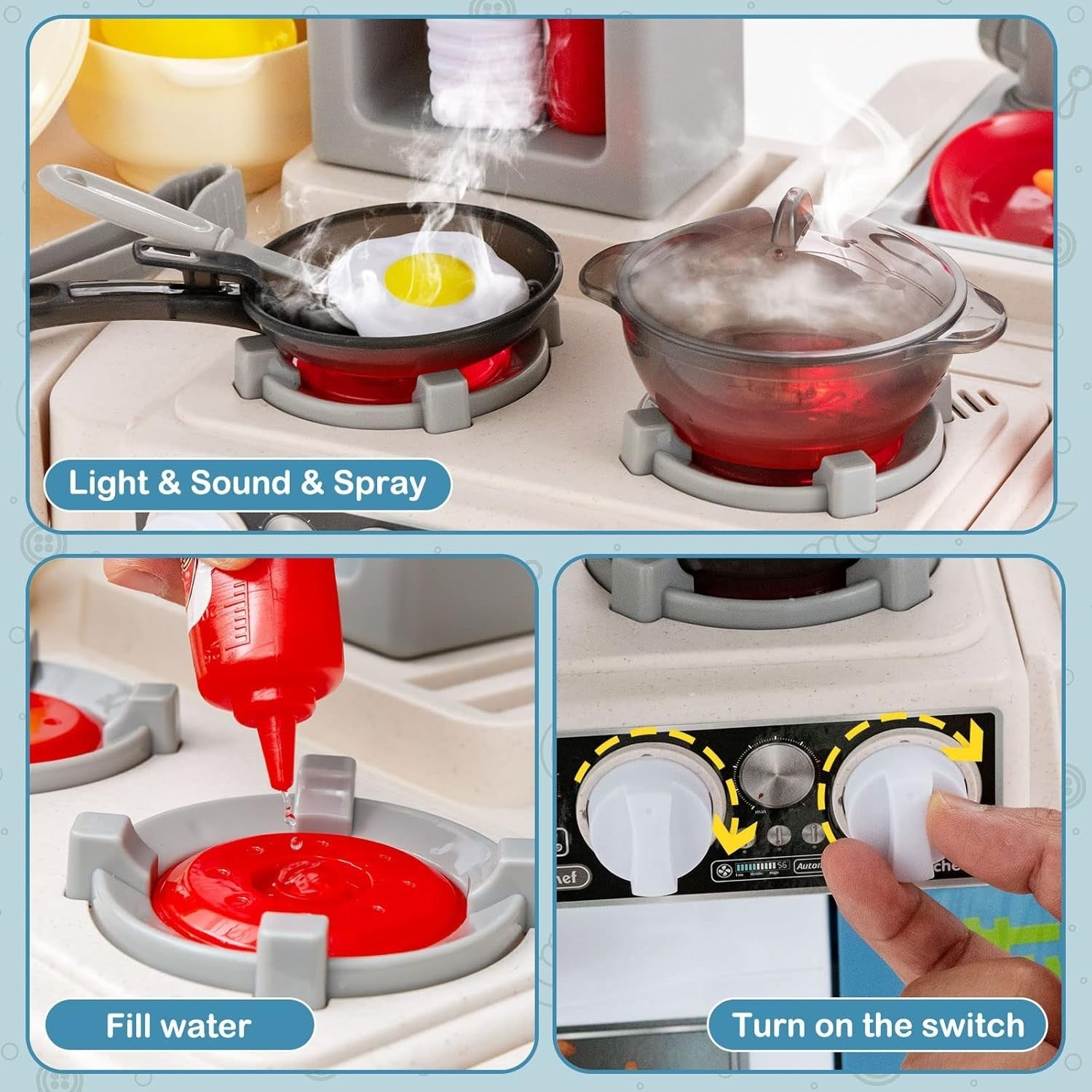 Kids Play Kitchen Blue w/ Lights Sounds Running Water Steam Effects