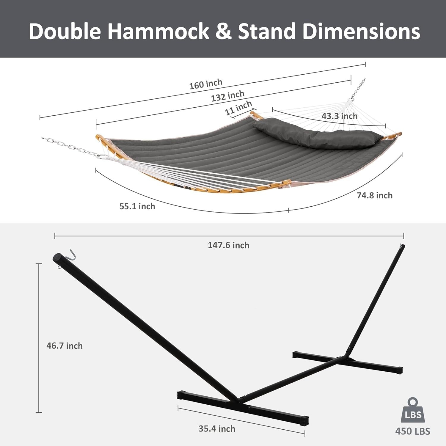Portable Double Hammock with Stand, Curved Spreader Bar & Pillow – 450lbs