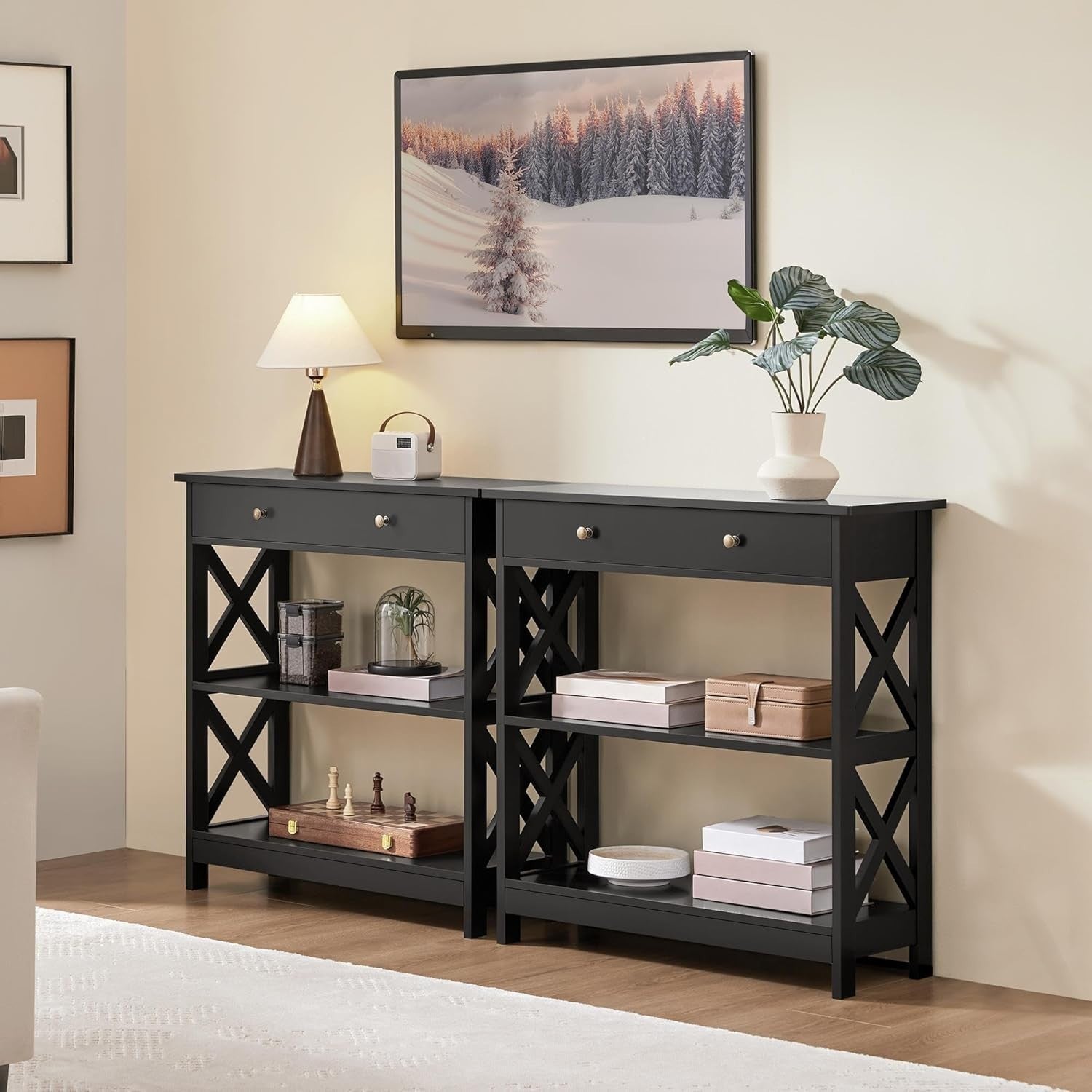 Compact Console Table with Drawer & 2 Shelves, Black, 80x30x80cm, Slim