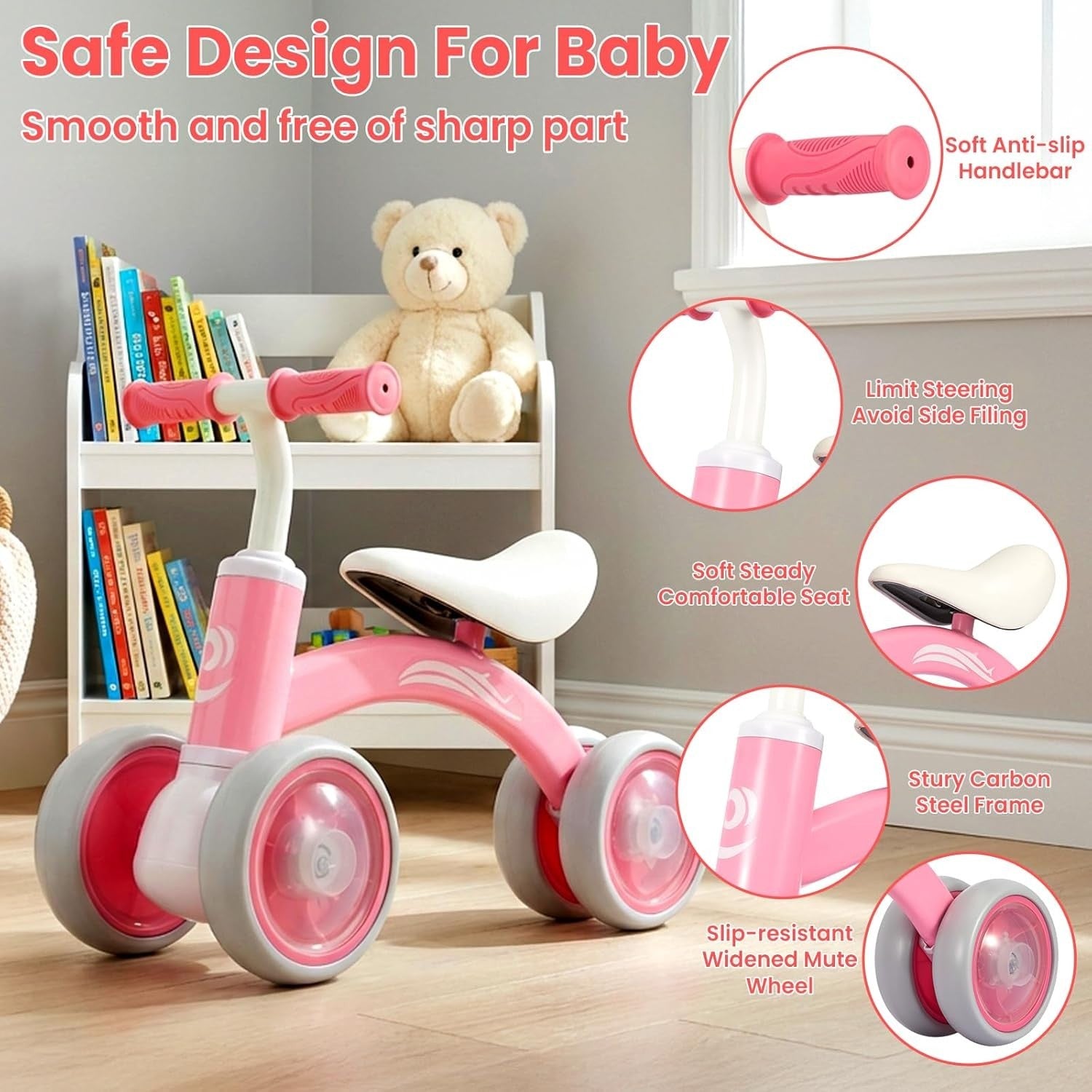 Baby Balance Bike 4 Wheel Toddler Ride On Adjustable Seat Light Up Pink