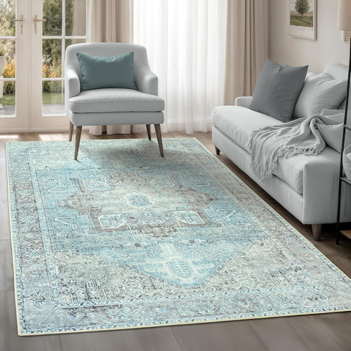 Large Washable Rug 240x330cm Non-Slip Soft Short Pile Light Blue Area Carpet