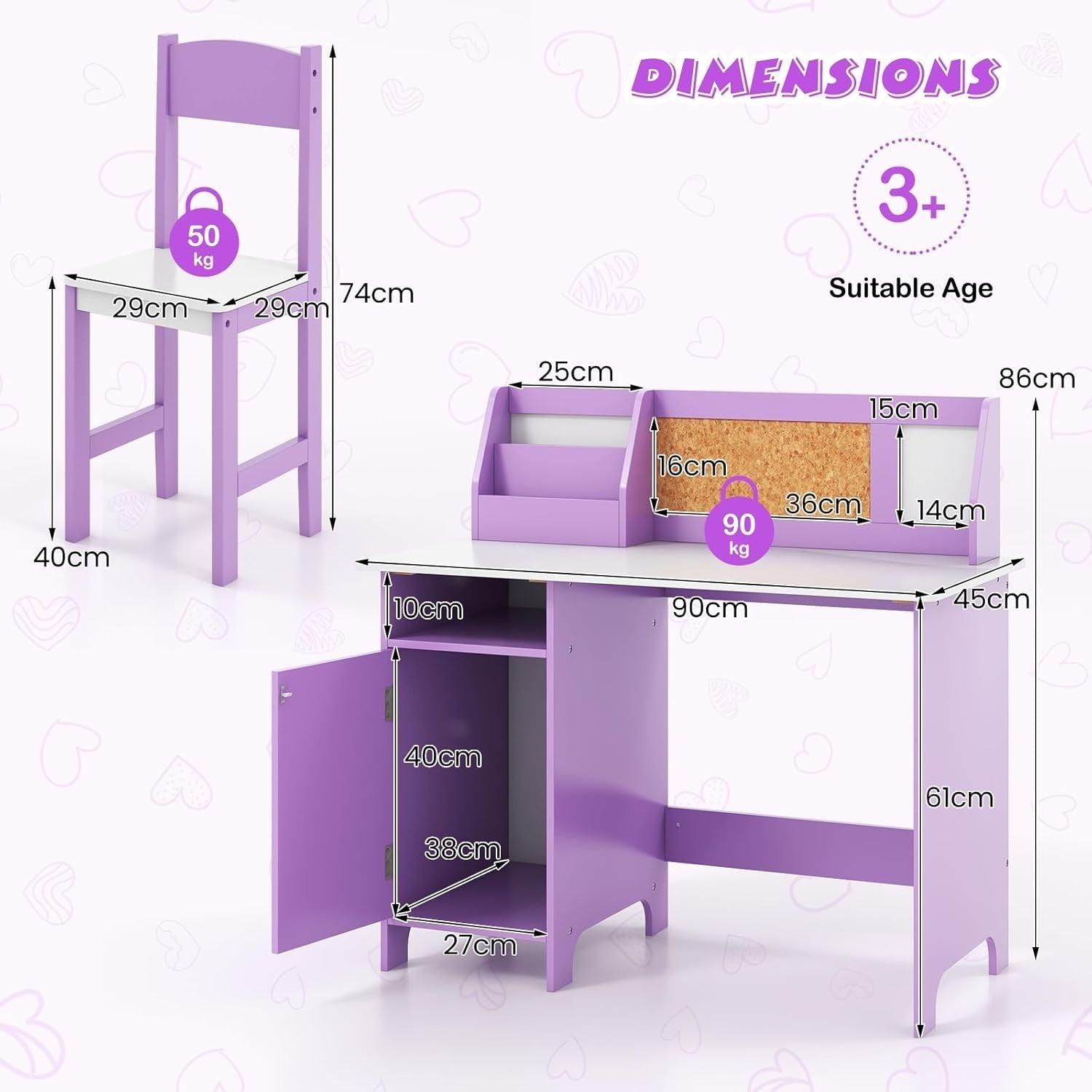 Kids Study Desk & Chair Set with Storage Cabinet, Cork Board, Ergonomic
