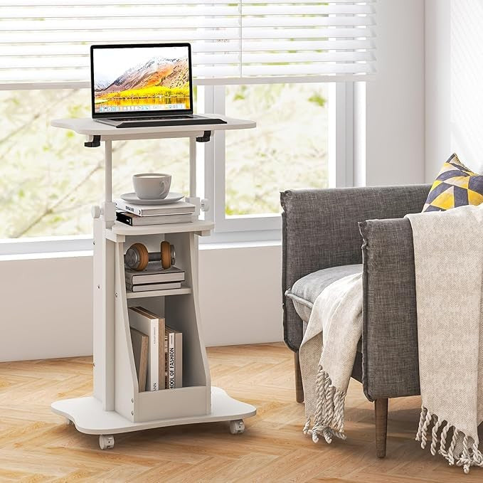 Mobile Laptop Table Height Adjustable Sit Stand Desk with Storage Wheels White