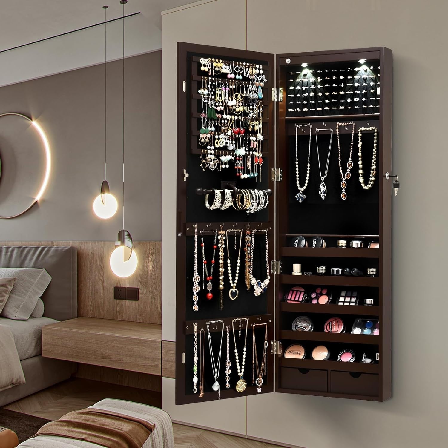 Wall-Mounted Jewelry Cabinet with LED Lights & Full-Length Mirror