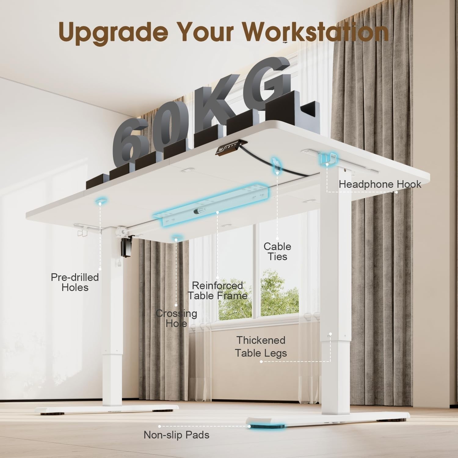 White Electric Standing Desk 140x60cm Adjustable Home Office Table