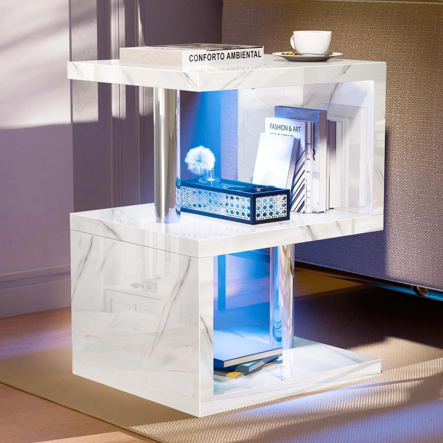 Modern White Marble S-Shaped LED Side Table with Storage & RGB Lights