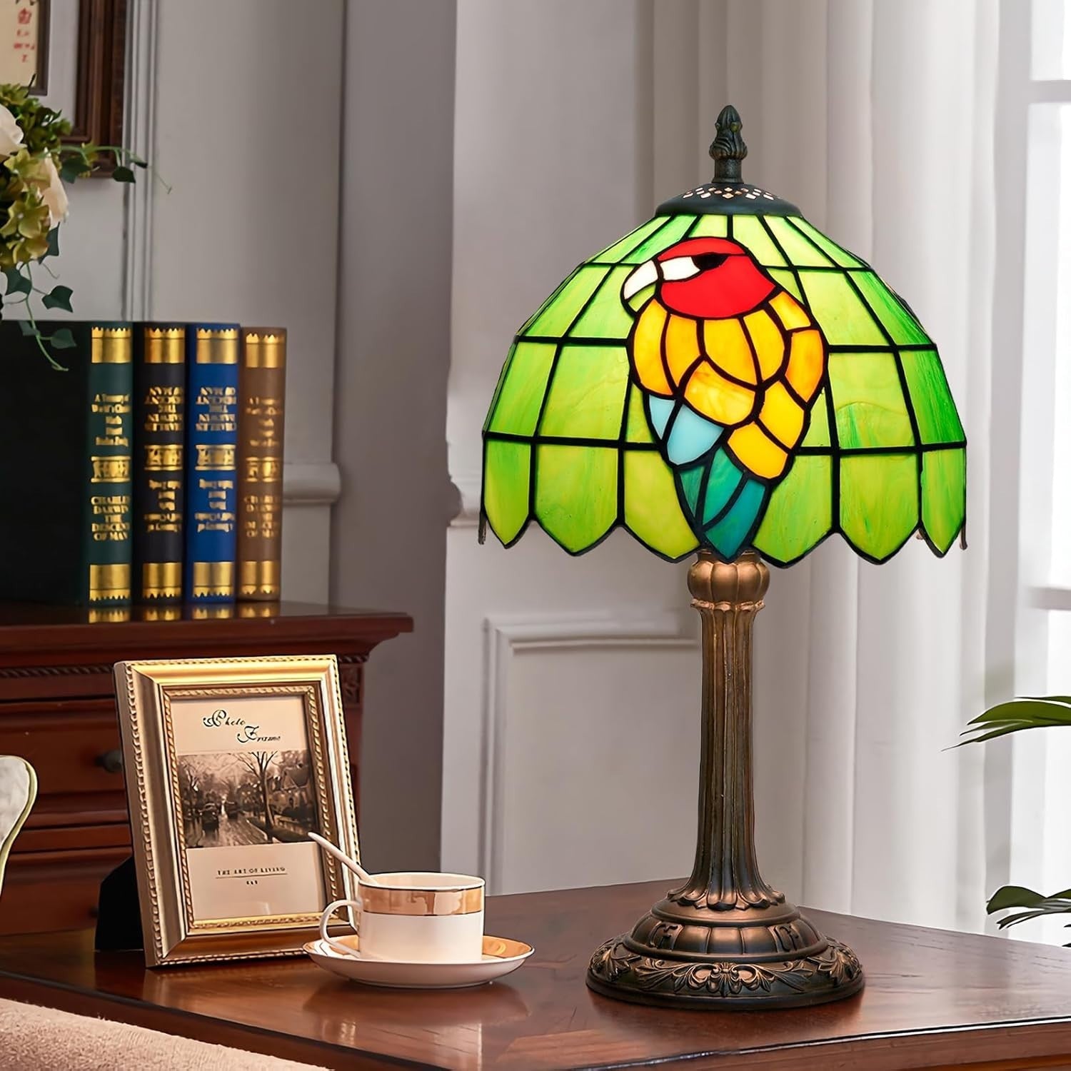 Tiffany Style Parrot Table Lamp Green Glass Bedside Desk Light Retro
